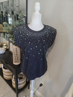 Rebecca Minkoff Women's Rinhestone Studded Cotton Tshirt Padded Shoulders Black